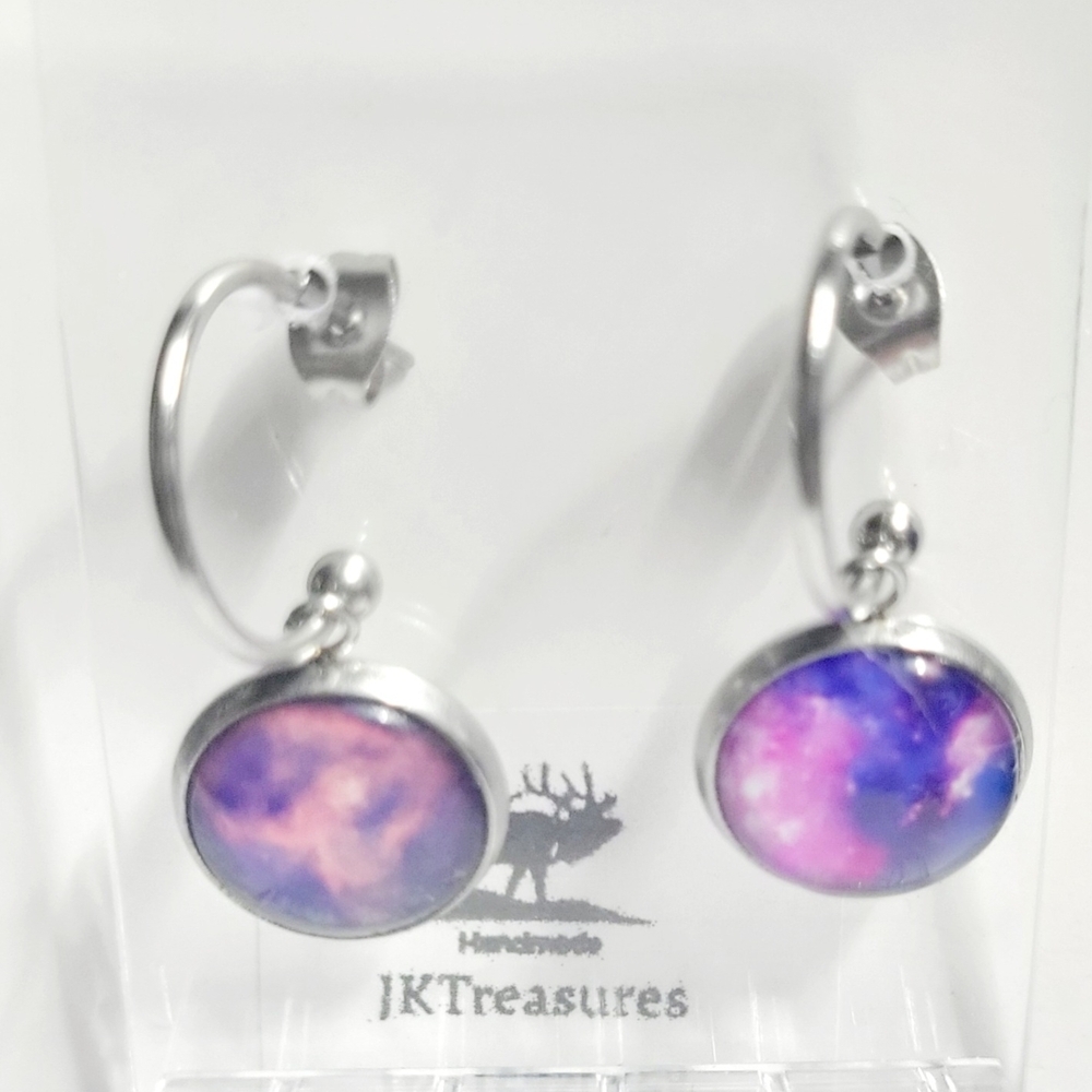Purple Pink Nebula Galaxy Hoop Earrings